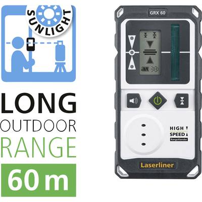 'Laserliner GRX 60' Laser-Entfernungsmesser mit grafischer Anzeige und Anzeige 'LONG OUTDOOR RANGE 60 m'. Symbol für Sonneneinstrahlung.
