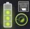 Dreifach grüne Lichter zeigen volle Akkuladung an. Rechts ein kreisförmiges Symbol. Oben rechts ein Symbol mit 'BATTERY STATUS'.