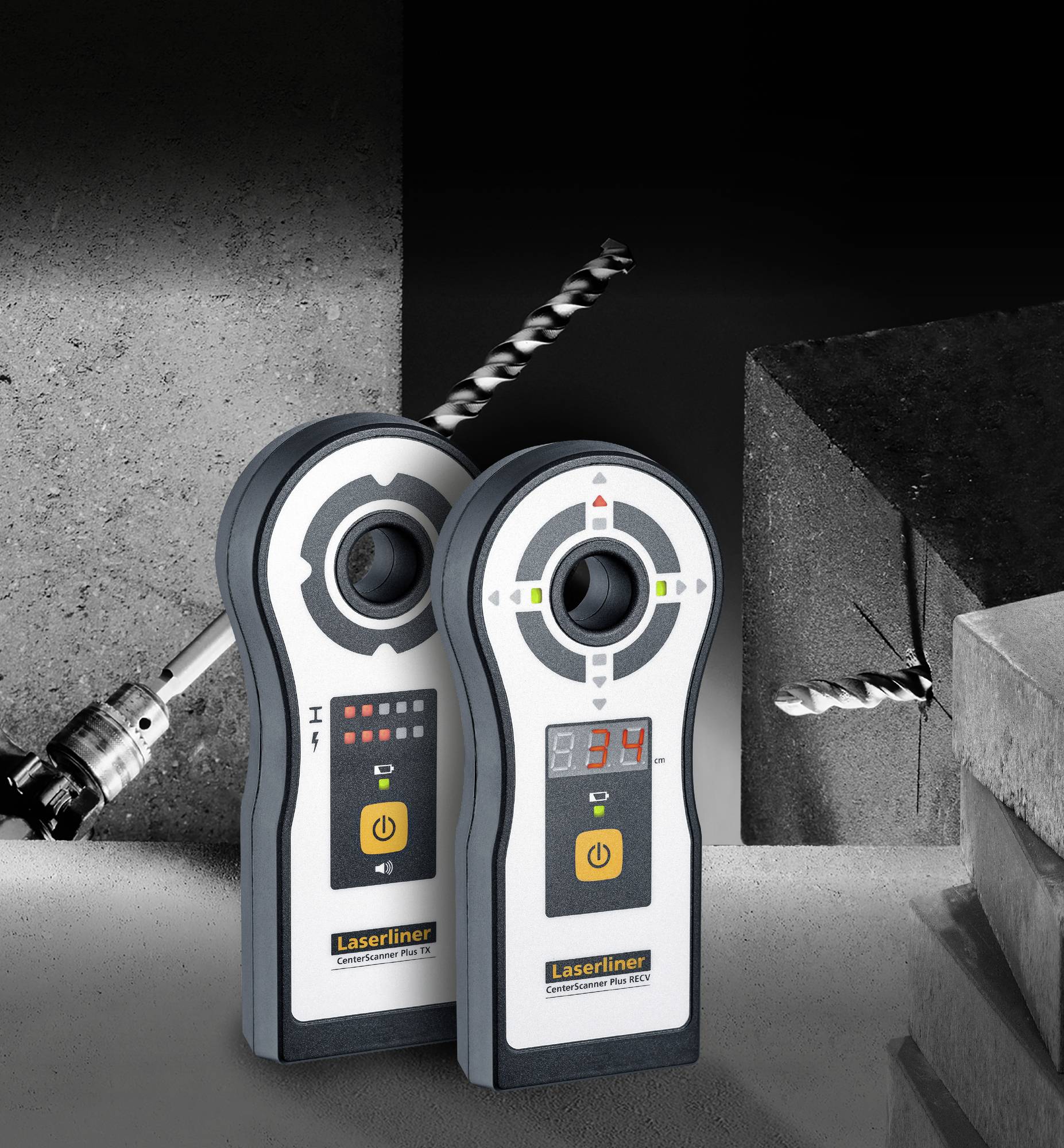 Zwei elektronische Scanner, die auf verschiedene Modi eingestellt sind, vor einem Hintergrund mit Beton und Bohrern.