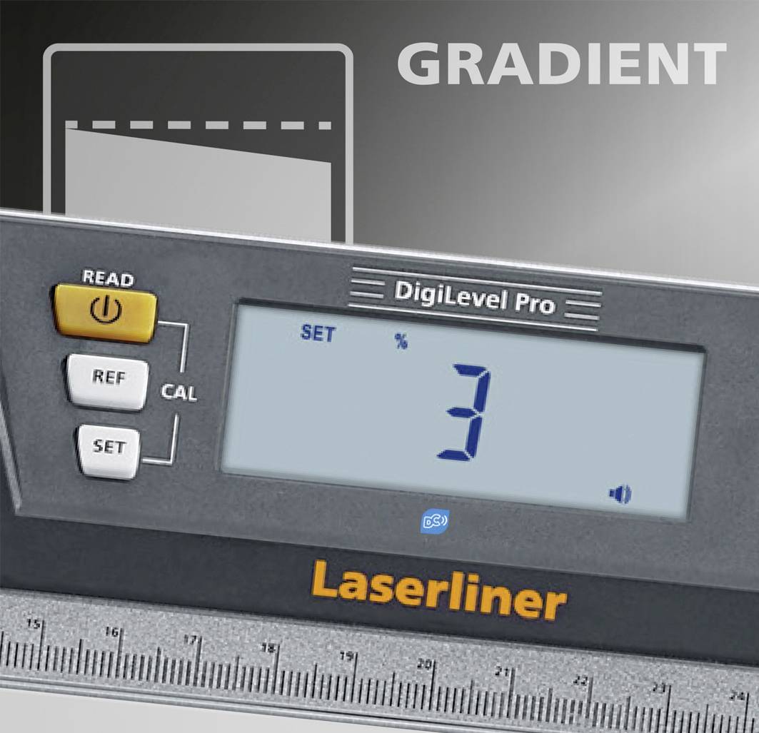 'Laserliner DigiLevel Pro' zeigt einen Neigungswinkel von 3 Grad an. Ein großer, klarer Digitalbildschirm und ein Tastenfeld sind zu sehen.