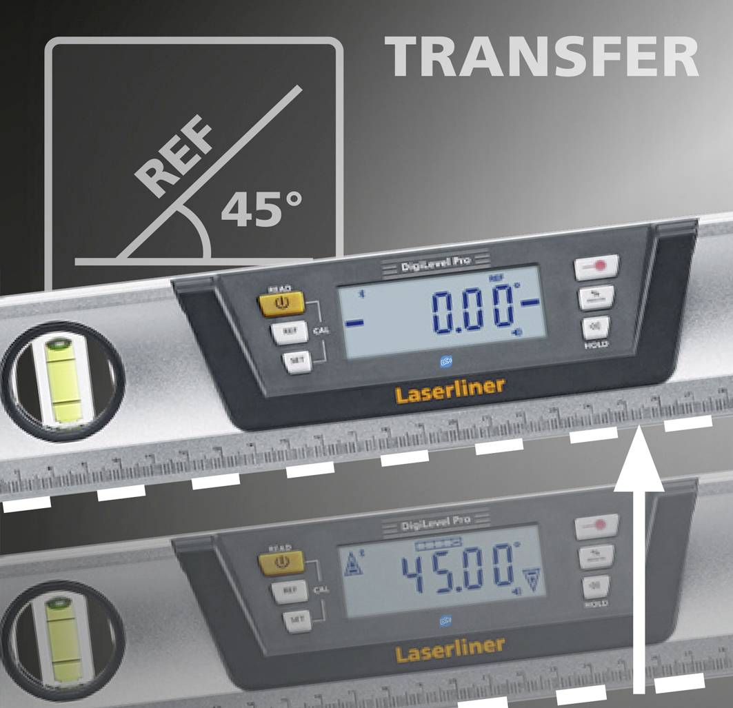 'Digitaler Winkelmesser mit Anzeige 0,00 Grad. Zeigt eine Referenz von 45 Grad für präzise Winkelmessungen an.'