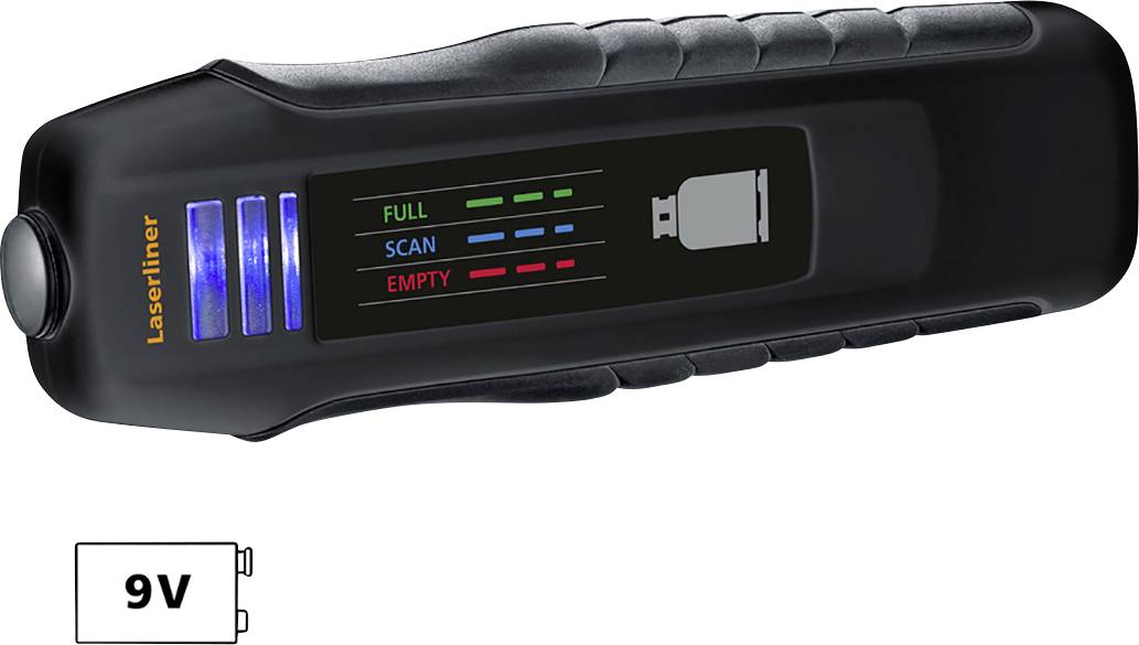 'Laserliner' 9V Batterie-Tester zeigt Batteriestatus: 'FULL' mit grünem, 'SCAN' mit blauem und 'EMPTY' mit rotem Balken.