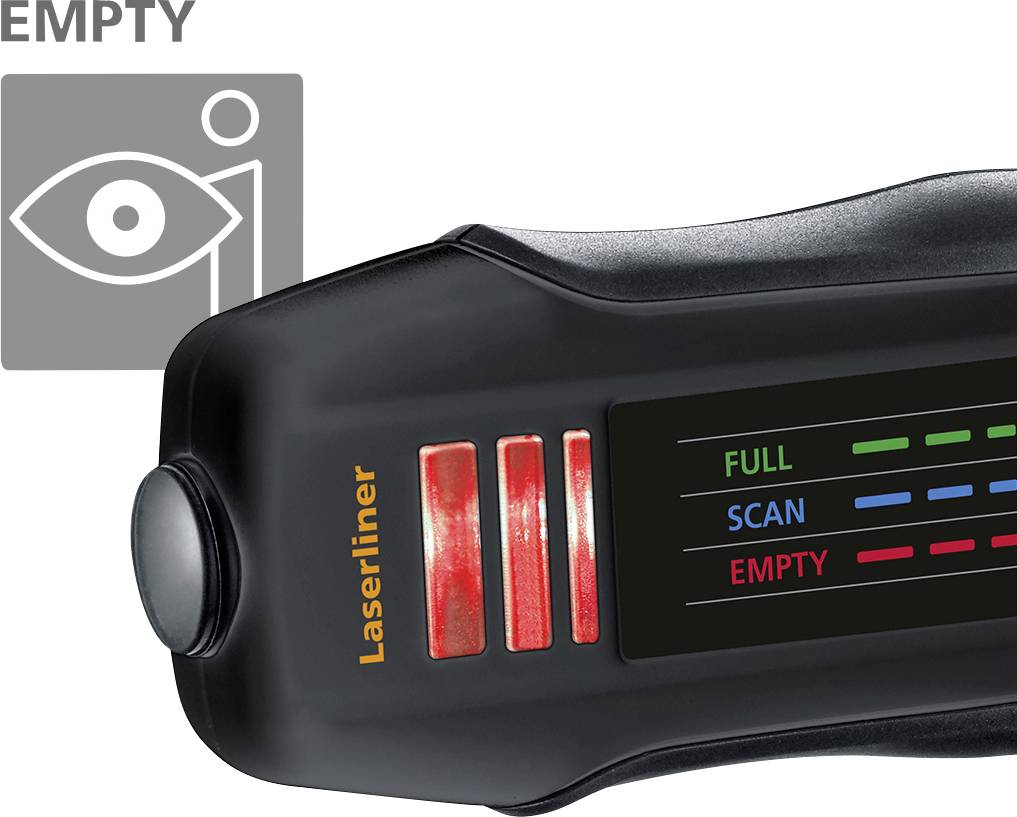 Ein Laserscanner zeigt den Status von voll bis leer. Ein Symbol oben links zeigt ein Auge über einem Objekt mit der Aufschrift 'EMPTY'.
