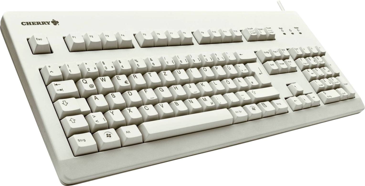 Weiße Cherry-Tastatur mit QWERTZ-Layout und standardmäßigen Funktionstasten.