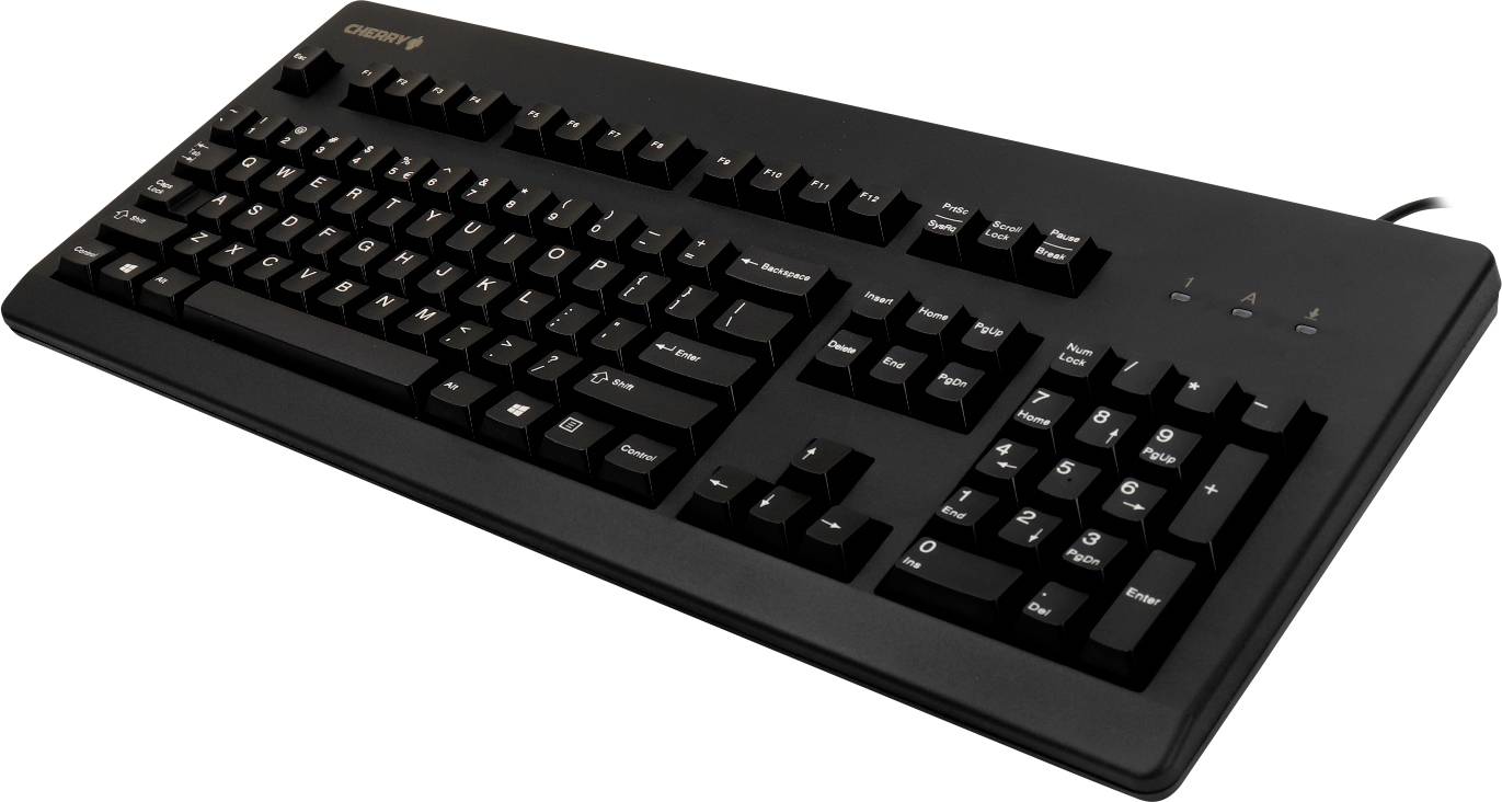Schwarze Computer-Tastatur mit QWERTZ-Layout und Ziffernblock, typische Ausrichtung für Büro- oder Heimgebrauch.