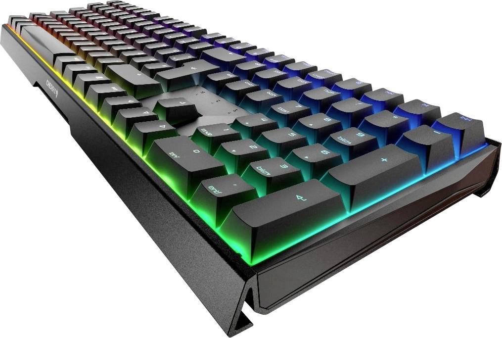Computertastatur mit RGB-Beleuchtung, schwarz, zeigt verschiedene bunte Lichter auf den Tasten. Ideal für Gaming oder Büroanwendungen.