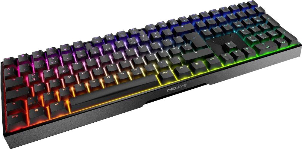 Beleuchtete mechanische Tastatur mit RGB-Farben. Ideal für Gaming oder Arbeiten bei schwachem Licht. Markenlogo 'CHERRY' auf der Vorderseite.