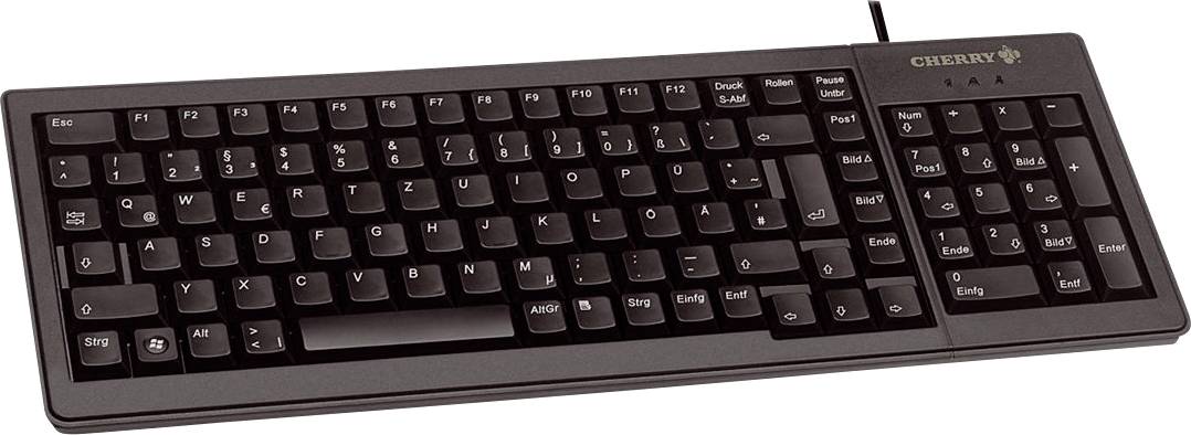 Eine schwarze Computertastatur mit deutschem QWERTZ-Layout, inklusive Zahlenblock auf der rechten Seite.