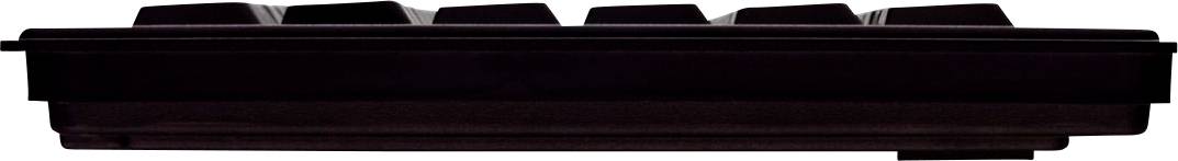 Seitliche Ansicht einer mechanischen Tastatur mit erhabenen Tasten, die den Tastenhub zeigt.