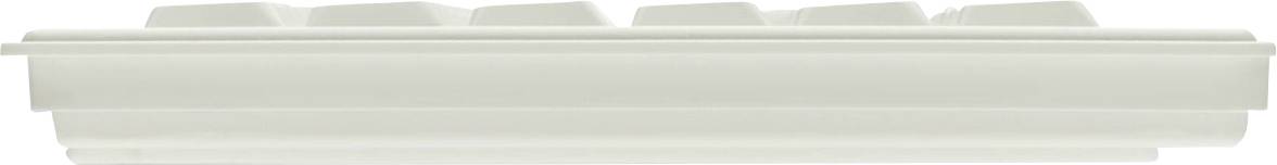 Weiße Computertastatur von der Seite betrachtet, Tasten klar sichtbar.