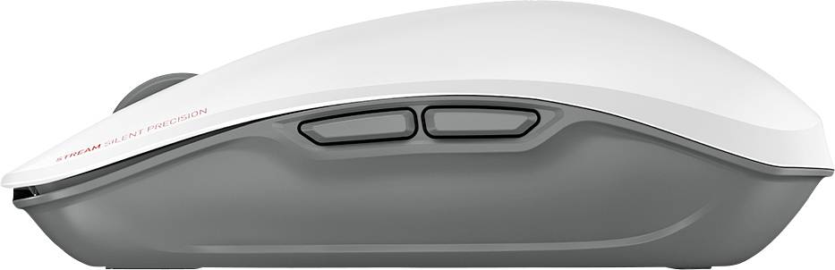 Weiße Computermaus mit zwei Tasten an der Seite und grau-schwarzer Unterseite, fokussiert auf das ergonomische Design.