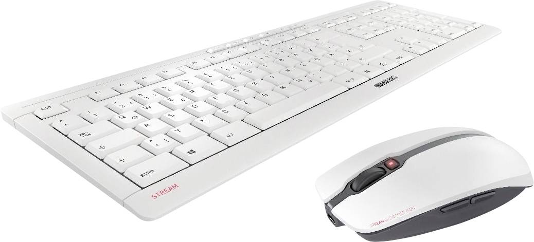 Eine weiße Tastatur und Maus auf einem Tisch. Die Tastatur hat flache Tasten, und die Maus ist kabellos mit einem roten Scrollrad.