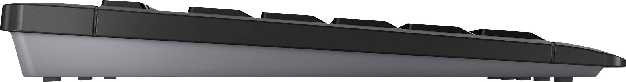 Flache, schwarze Computer-Tastatur aus der Seitenansicht, die das schlanke Profil und die leicht angewinkelten Tasten zeigt.