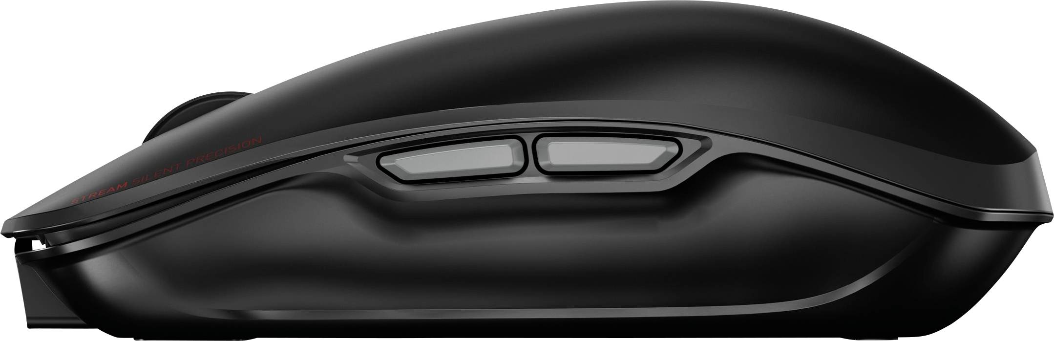 Schwarze, kabellose Computermaus mit zwei Seitentasten für individuelle Bedienung. Ergonomisches Design für komfortable Nutzung.