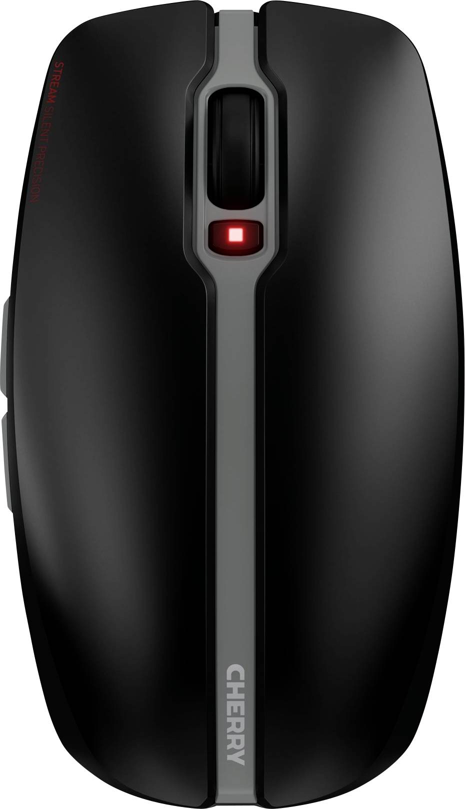 Schwarze Computermaus mit rotem Licht auf der Oberseite, schlichtes Design.