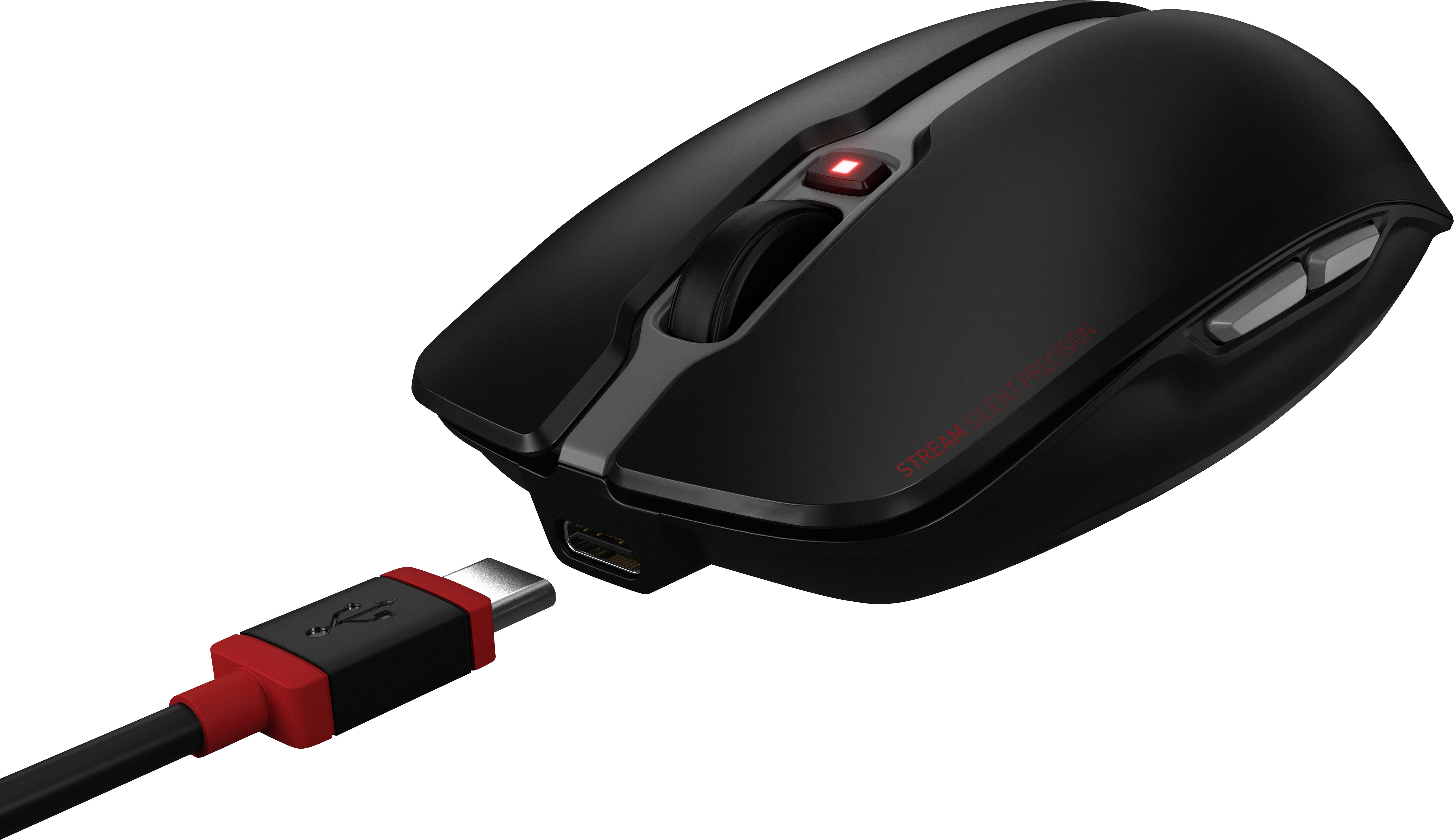 Schwarze Computermouse mit rotem USB-C-Stecker, beleuchtetes Scrollrad, seitliche Tasten. Geeignet für Gaming oder Büroanwendungen.