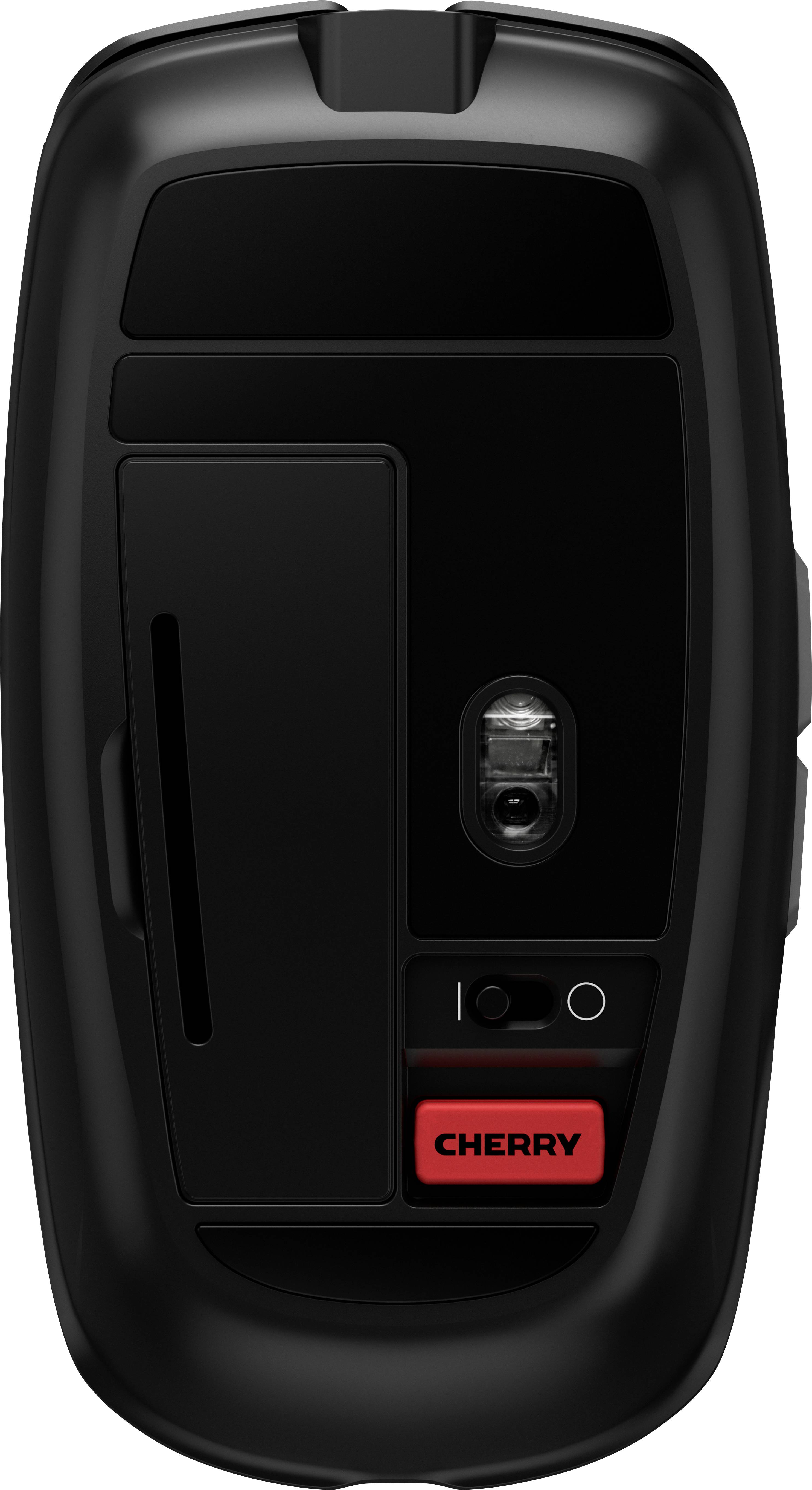 Schwarze Computermaus von unten, zeigt roten 'Cherry'-Schalter, Batteriefach und Sensorbereich.