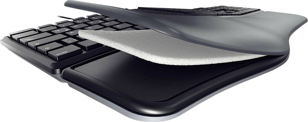 Ergonomische Tastatur mit gepolsterter Handballenauflage. Die Auflage ist hochgeklappt und zeigt die weiche Innenseite.