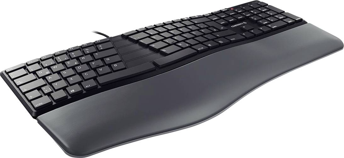 'Ergonomische Tastatur mit Handgelenkauflage, schwarz, kabelgebunden.'