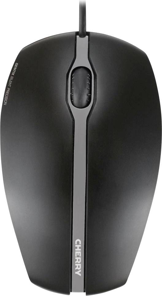Schwarze Computermouse mit ergonomischem Design und Kabelanschluss. Markierung 'CHERRY' auf der Oberfläche. Geeignet für Bürogebrauch.
