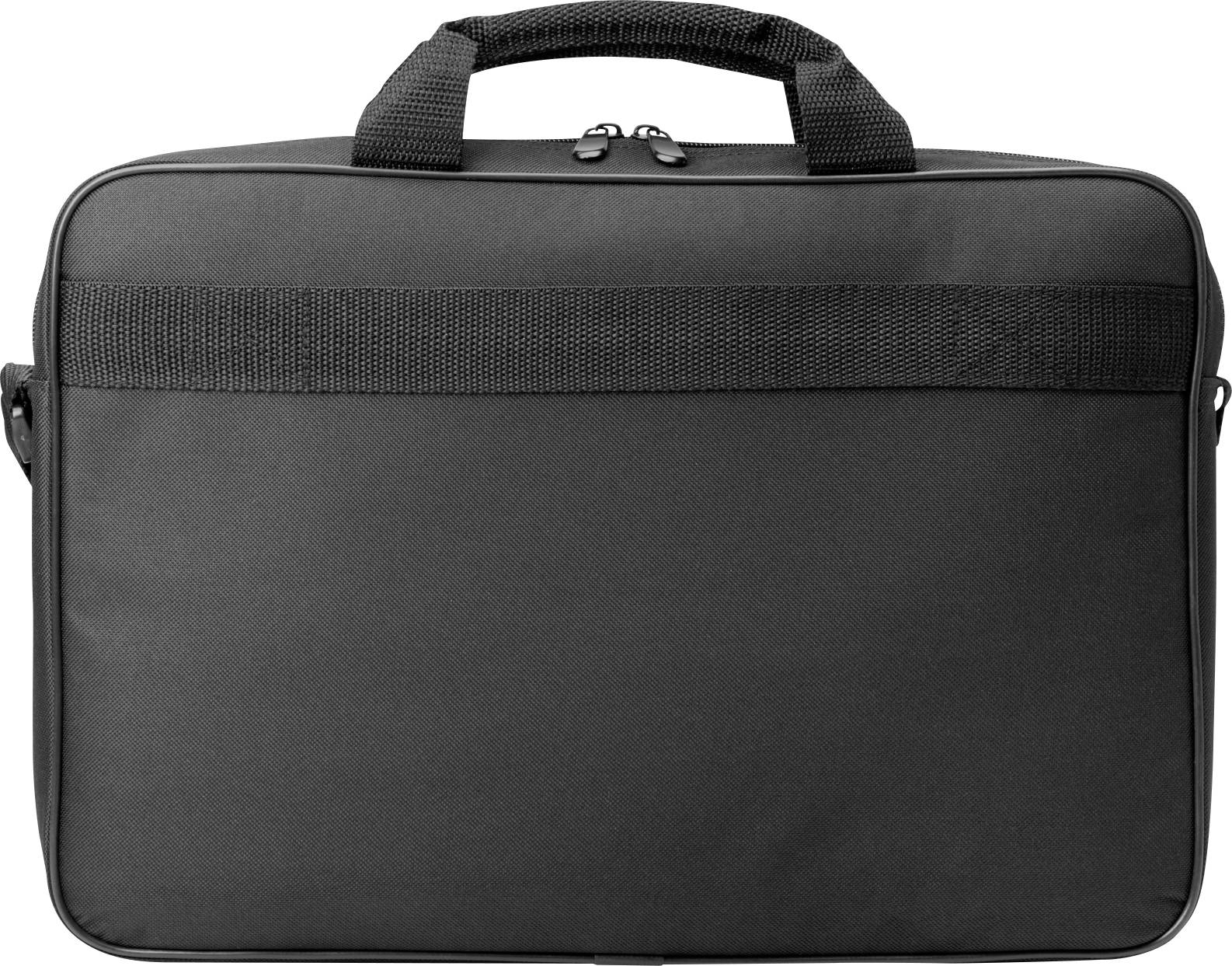 Eine schwarze Laptop-Tasche mit doppeltem Tragegriff und Reißverschluss oben, geeignet für Büro- oder Reisegebrauch.