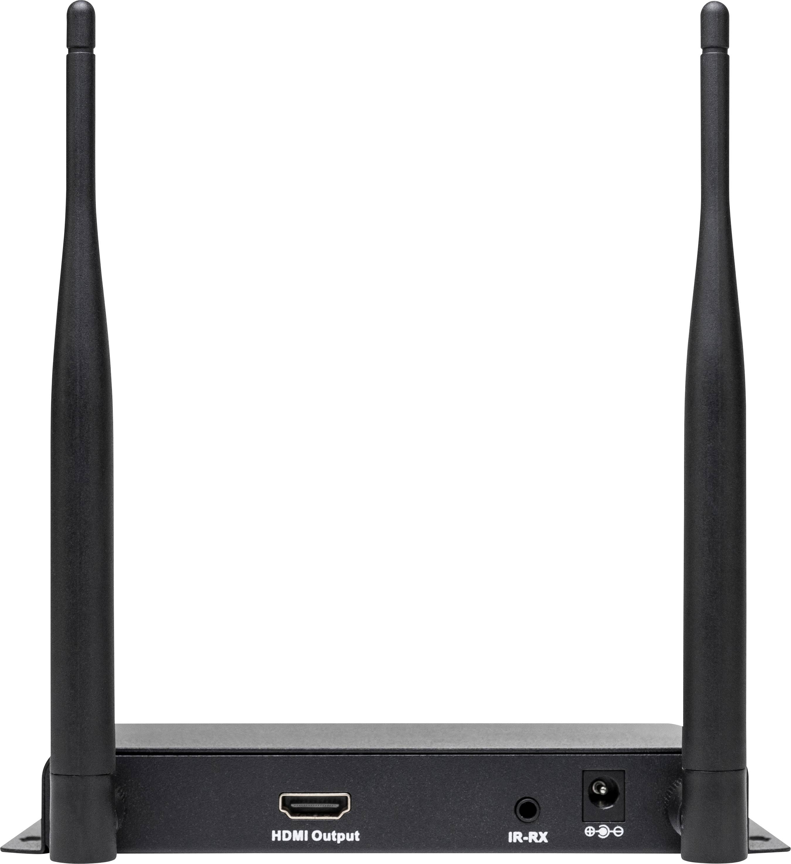 Ein schwarzer Wireless HDMI-Sender mit zwei Antennen. Rückansicht zeigt HDMI-Ausgang, IR-Empfänger und Stromanschluss.