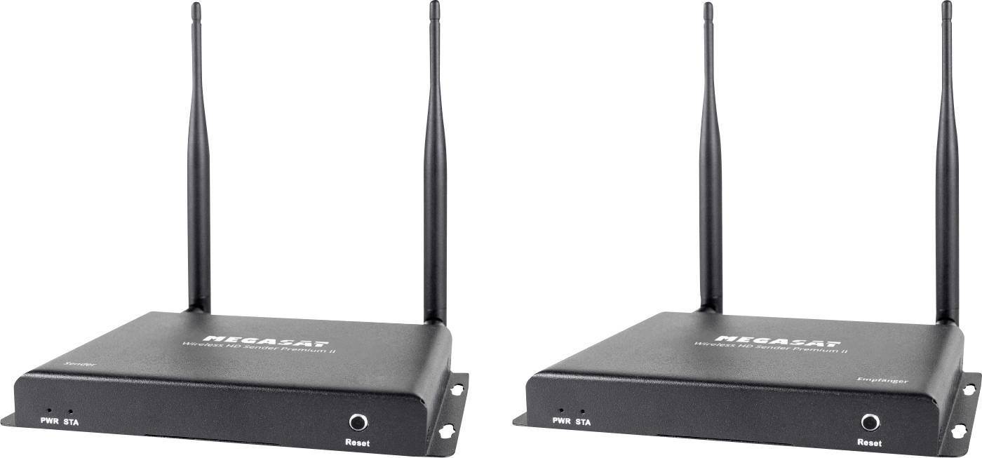 Zwei schwarze WLAN-Router mit je zwei Antennen und Beschriftung 'NEXSAT' auf der Vorderseite, zeigen LEDs und Reset-Taste.