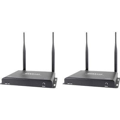 Zwei schwarze WLAN-Router mit je zwei Antennen und Beschriftung 'NEXSAT' auf der Vorderseite, zeigen LEDs und Reset-Taste.