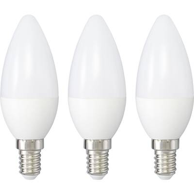 Drei weiße LED-Glühbirnen mit E14-Schraubgewinde, stehend nebeneinander. Ideal für energiesparende Beleuchtungslösungen.