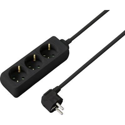 Eine schwarze dreifache Steckdosenleiste mit einem langen Netzkabel und einem Schuko-Stecker.