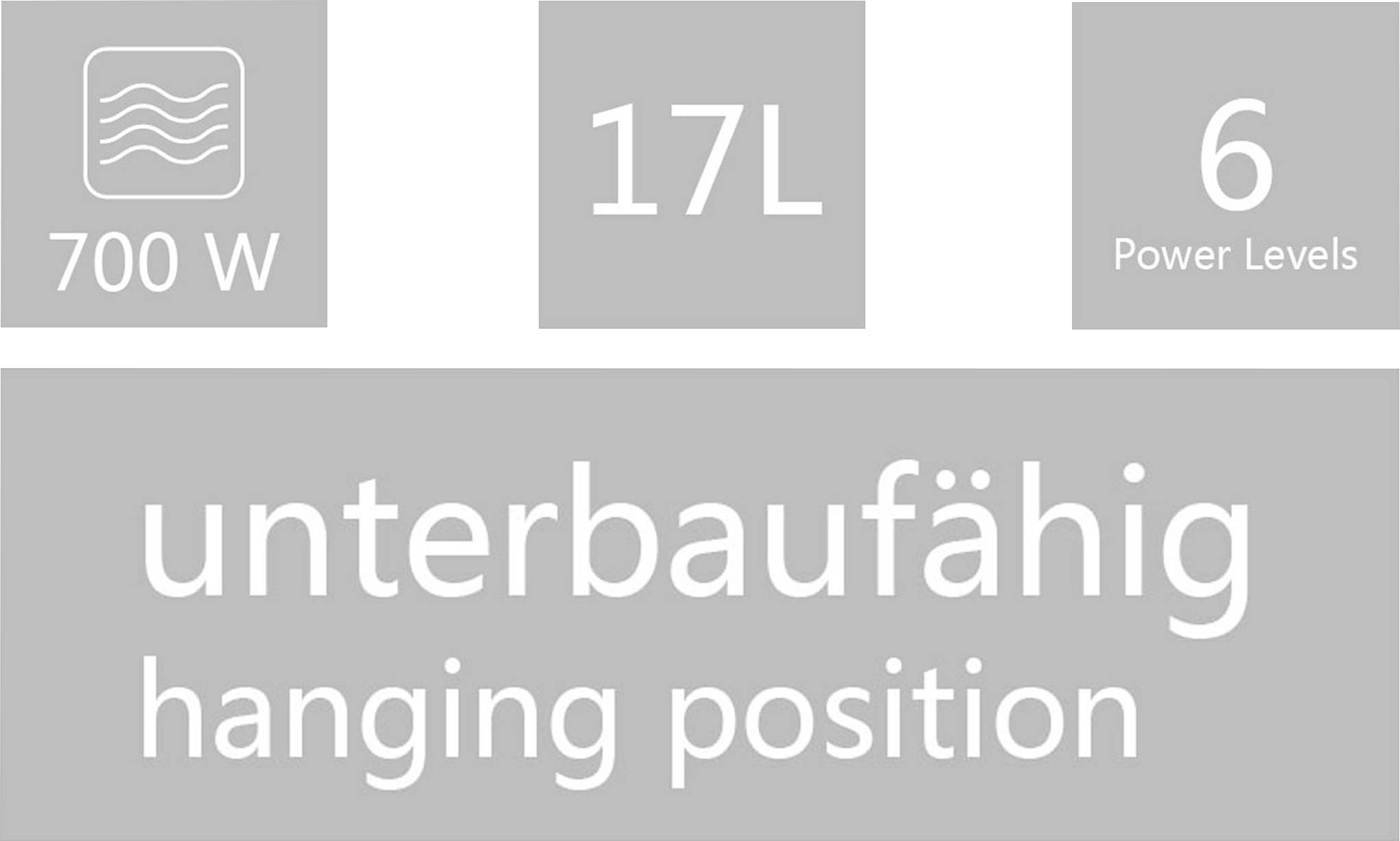 'Mikrowelle mit 700W, 17L Kapazität, und 6 Leistungsstufen. Geeignet für Unterbau mit hängender Position.'