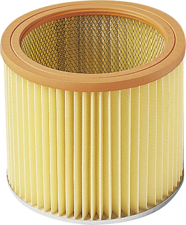 Ein runder, gelber Luftfilter mit Metallgitter und orangefarbenem Rand, verwendet in Staubsaugern zur Reinigung der Luft.