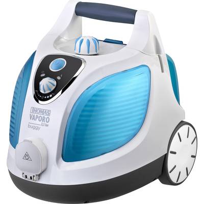 Ein blauer und weißer Dampfsauger mit Griff und Rädern. Aufschrift 'Thomas Vaporo Buggy'.
