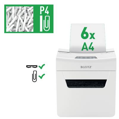 A4-Aktenvernichter wird mit Papierstreifen gezeigt, passend für 6 Blätter A4. Eignet sich für Büroklammern. Sicherheitsstufe P4.