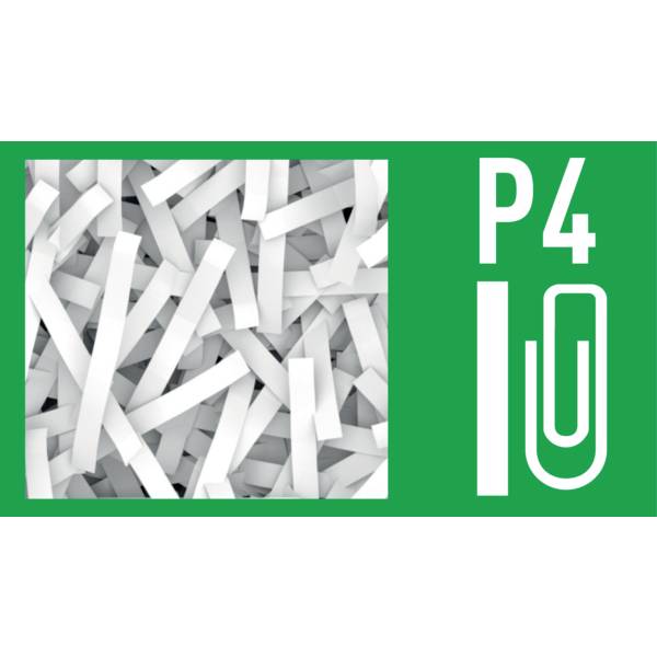 'P4'-Sicherheitsstufe für Aktenvernichter, illustriert durch zerkleinerte Papierstreifen und eine Büroklammer auf grünem Hintergrund.