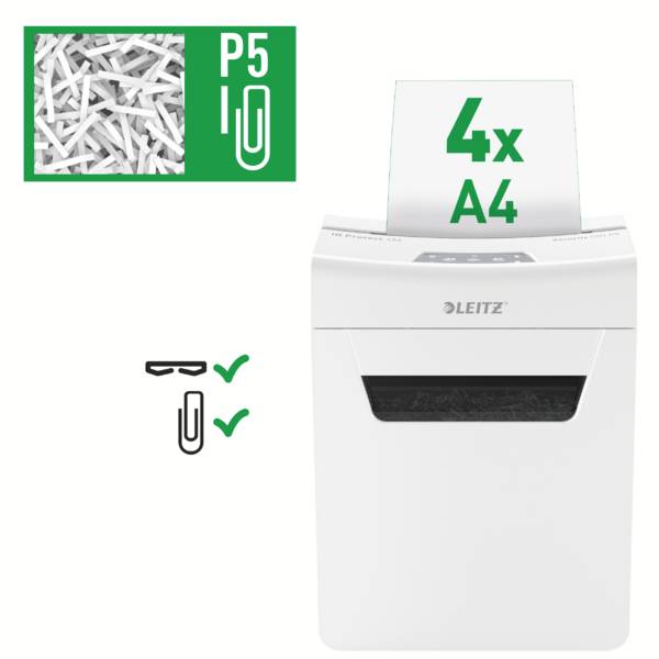 Ein weißer Aktenvernichter der Marke Leitz, geeignet für 4 A4-Seiten auf einmal, mit Sicherheitsstufe P5. Büroklammern als geeignet markiert.