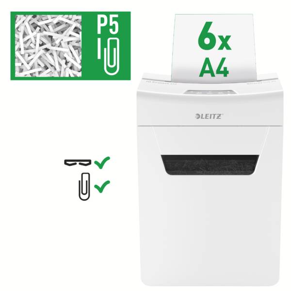 Elektrischer Aktenvernichter, schneidet bis zu 6 A4-Seiten in P5-Sicherheitsstufe. Geeignet für Büroklammern. Abbildung zeigt Schnittart.