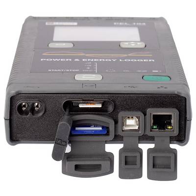 Ein tragbarer "Power & Energy Logger" mit mehreren Anschlussmöglichkeiten, darunter USB und Ethernet, zur Datenerfassung.