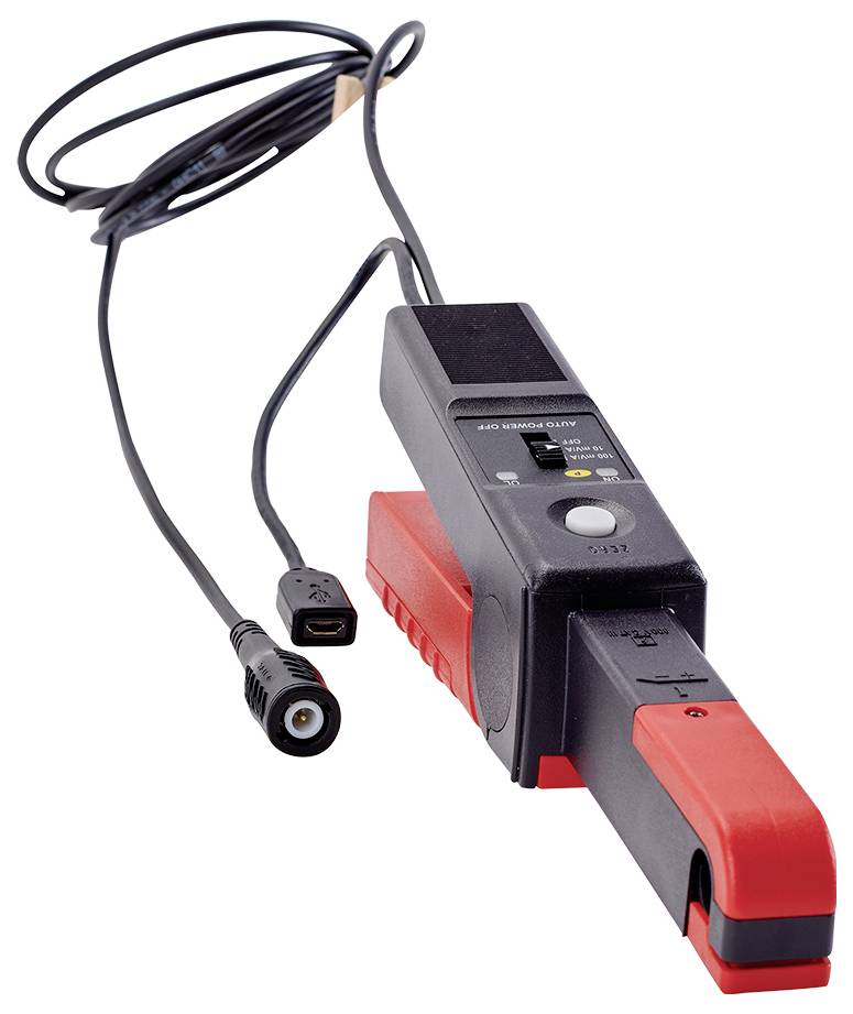 Ein Messgerät mit Klemmen und Kabeln. Es ist zur Analyse elektrischer Ströme ausgelegt. 