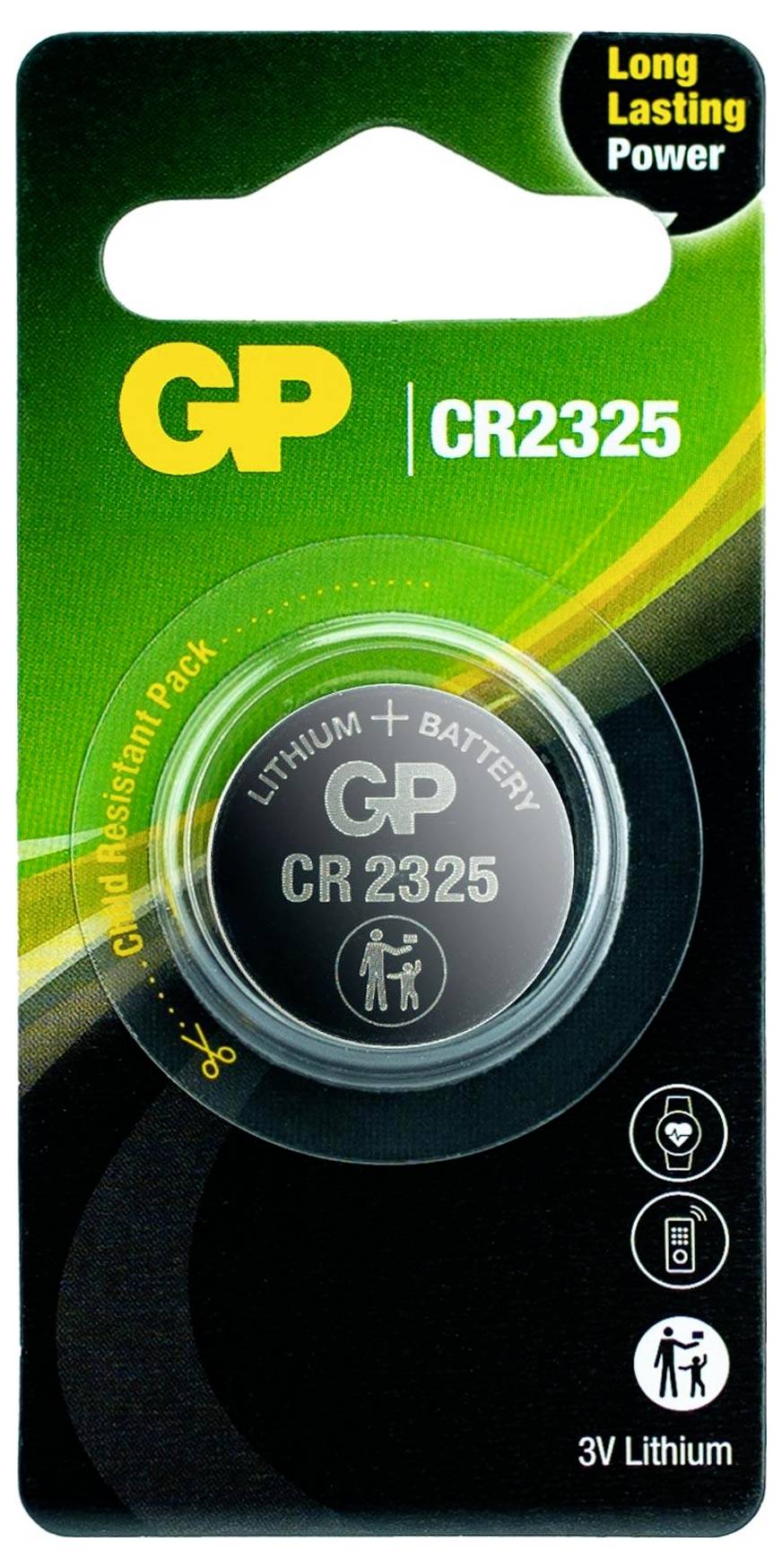 Verpackung einer GP CR2325 3V Lithium-Knopfzelle mit Hinweis 'Long Lasting Power' und '3V Lithium'.