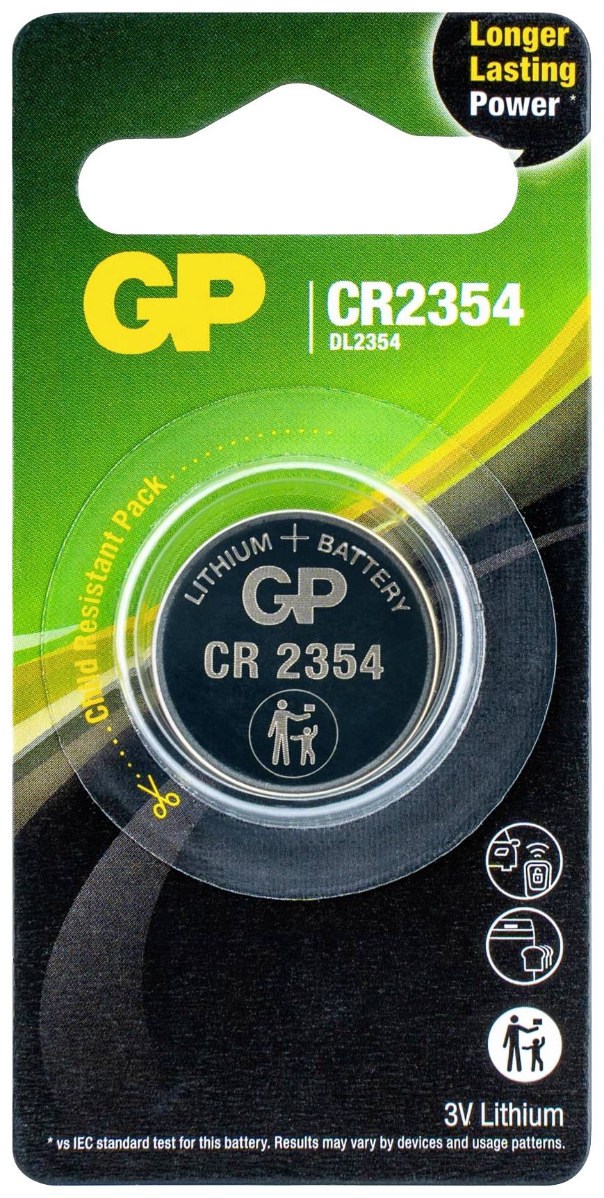 'CR2354 3V Lithium Batterie von GP', Verpackung zeigt Batterie mit längerer Lebensdauer.