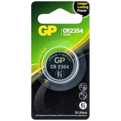 Verpackung einer GP CR2354 3V Lithium-Knopfzelle mit Hinweis 'Longer Lasting Power' und Produktcode DL2354.