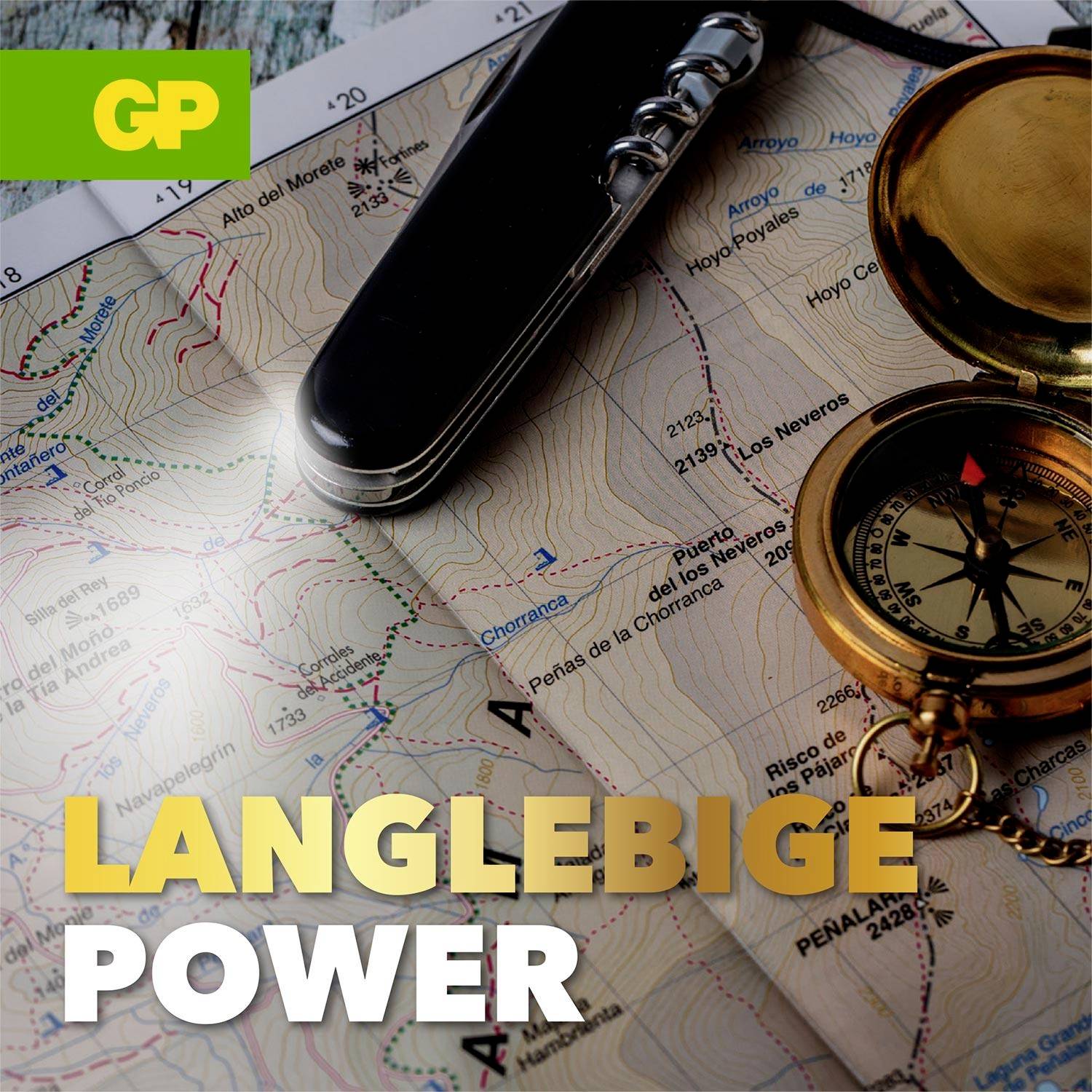 Werbeplakat mit Kompass, Handy und Landkarte; Text 'LANGLEBIGE POWER' und Logo 'GP' oben links.