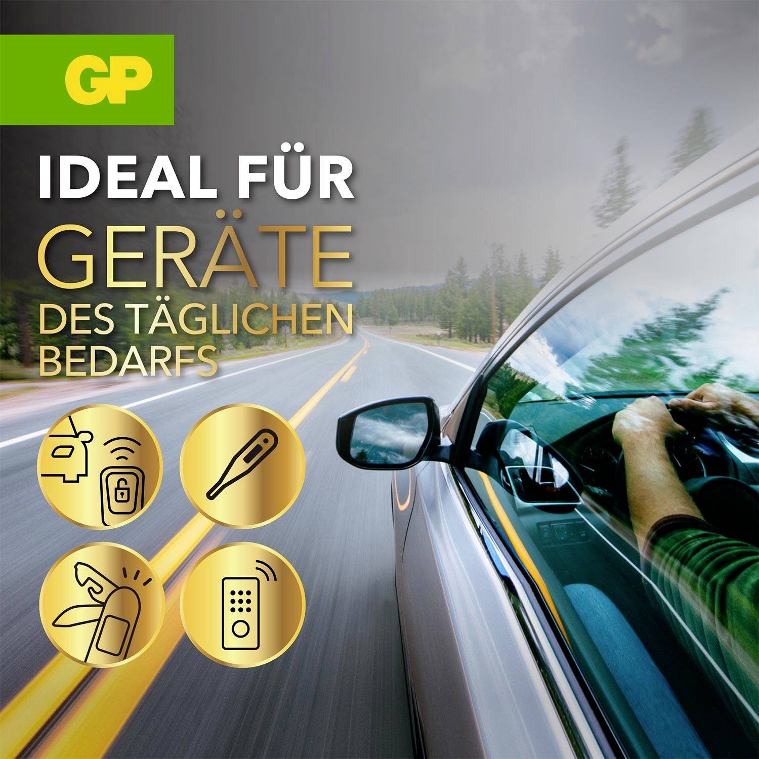 Werbegrafik für GP: 'Ideal für Geräte des täglichen Bedarfs' mit vier Symbolen für Batterie, Thermometer, Taschenlampe und Fernbedienung neben fahrendem Auto.<br>