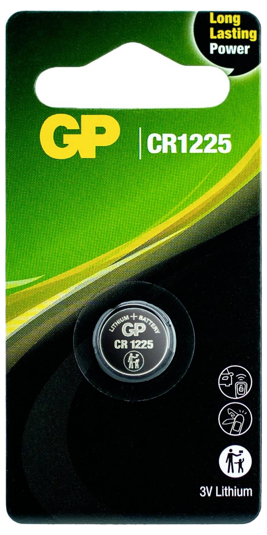 GP CR1225 3V Lithium-Knopfzelle, Verpackung mit 'Long Lasting Power'.