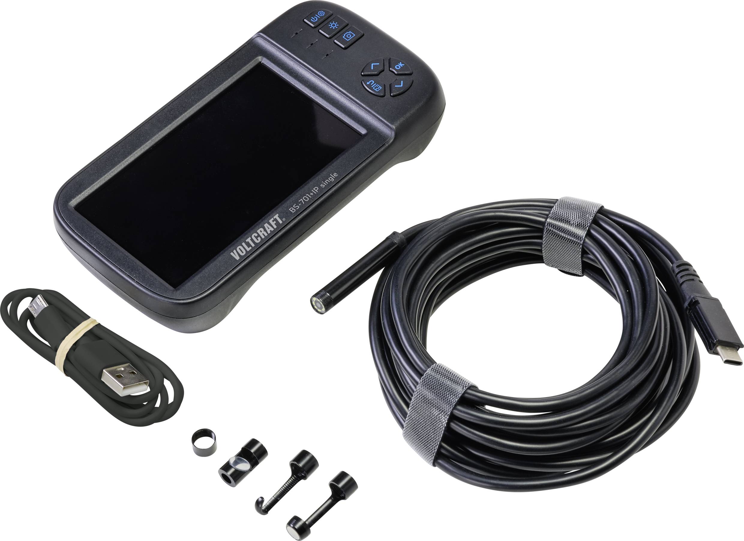 Tragbares Inspektionsgerät mit Bildschirm, USB-Kabel und flexibler Sonde zur visuellen Prüfung schwer zugänglicher Bereiche.