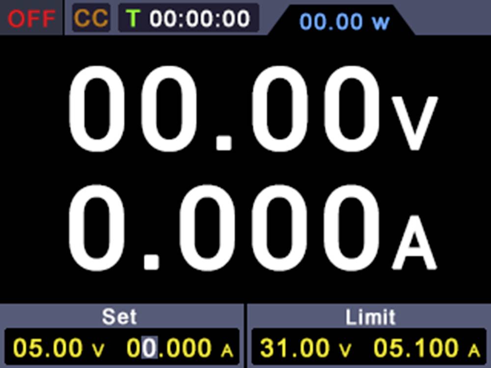 Anzeige eines elektronischen Geräts: Spannung "00.00v", Stromstärke "0.000A", Einstellungen: Spannung "05.00v", Strom "0.000A", Begrenzung: Spannung "31.00v", Strom "05.100A".