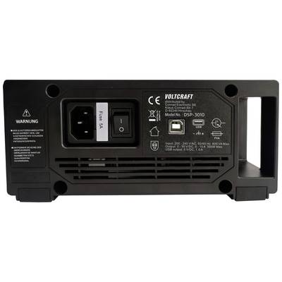 Geräte-Rückseite mit Netzteilanschluss, Sicherung, Netzschalter, USB- und LAN-Schnittstelle. Modell: Voltcraft DSP-3010.