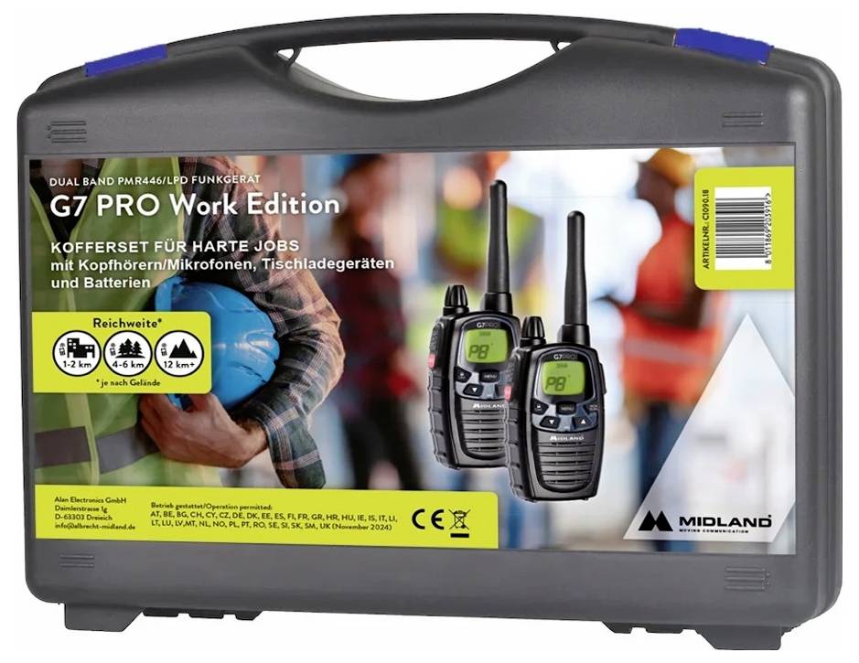 'G7 PRO Work Edition'-Koffer zeigt zwei Funkgeräte, geeignet für schwere Arbeiten, inklusive Zubehör wie Mikrofonen und Ladegeräte.