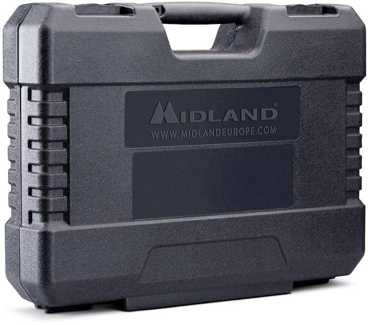 Schwarzer, robuster Transportkoffer mit Tragegriff und der Aufschrift 'MIDLAND www.midlandeurope.com'.